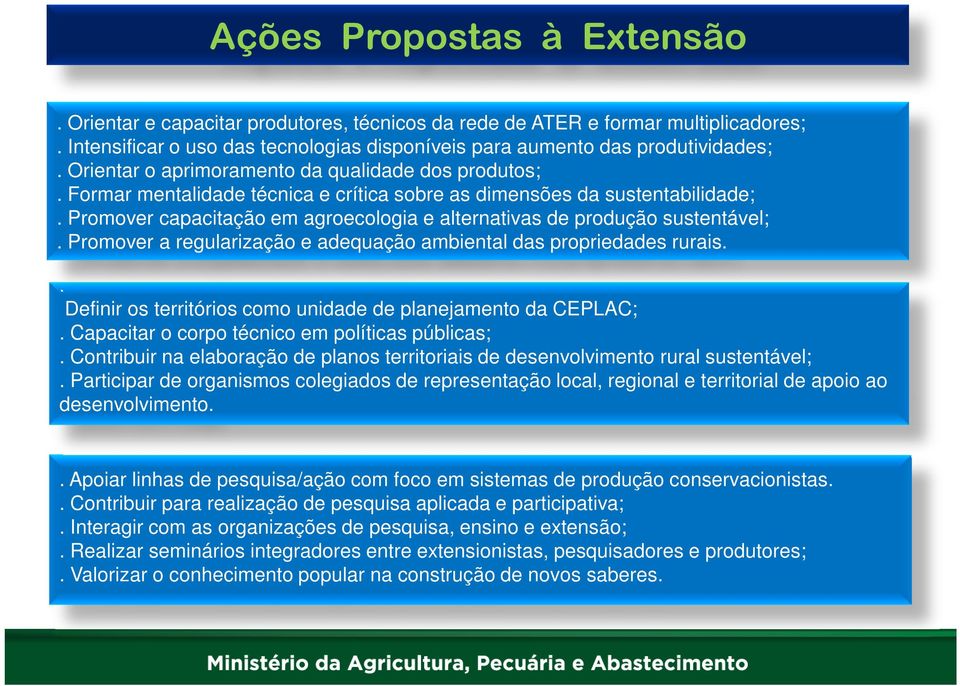 Promover capacitação em agroecologia e alternativas de produção sustentável;. Promover a regularização e adequação ambiental das propriedades rurais.