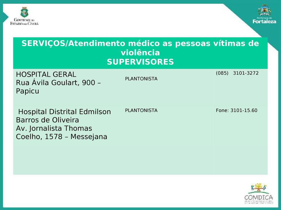 PLANTONISTA (085) 3101-3272 Hospital Distrital Edmilson Barros de