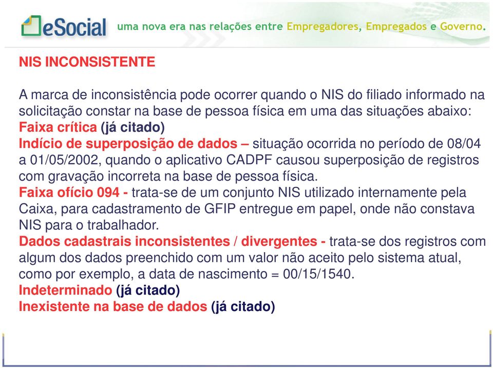 Faixa ofício 094 - trata-se de um conjunto NIS utilizado internamente pela Caixa, para cadastramento de GFIP entregue em papel, onde não constava NIS para o trabalhador.