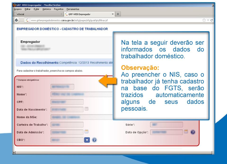 Observação: Ao preencher o NIS, caso o trabalhador já