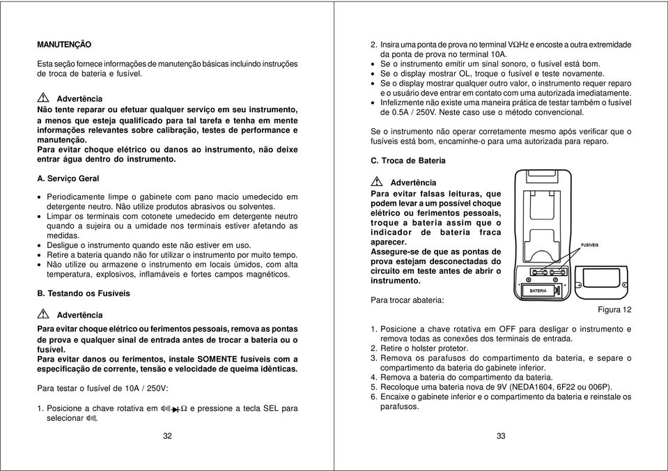 manutenção. Para evitar choque elétrico ou danos ao instrumento, não deixe entrar água dentro do instrumento. A.