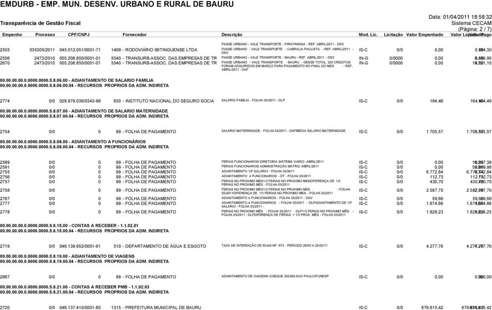 850/0001-01 5540 - TRANSURB-ASSOC. DAS EMPRESAS DE TR PASSE URBANO - VALE TRANSPORTE - BAURU - REF. ABRIL/2011 - DSV IN-G 0/0000 0,00 3.189,90 0,00 2670 2473/2010 005.208.