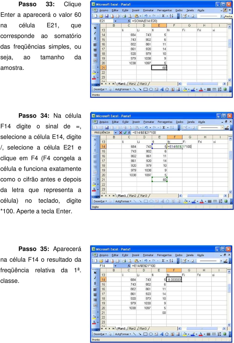 Passo 34: Na célula F14 digite o sinal de =, selecione a célula E14, digite /, selecione a célula E21 e clique em F4 (F4