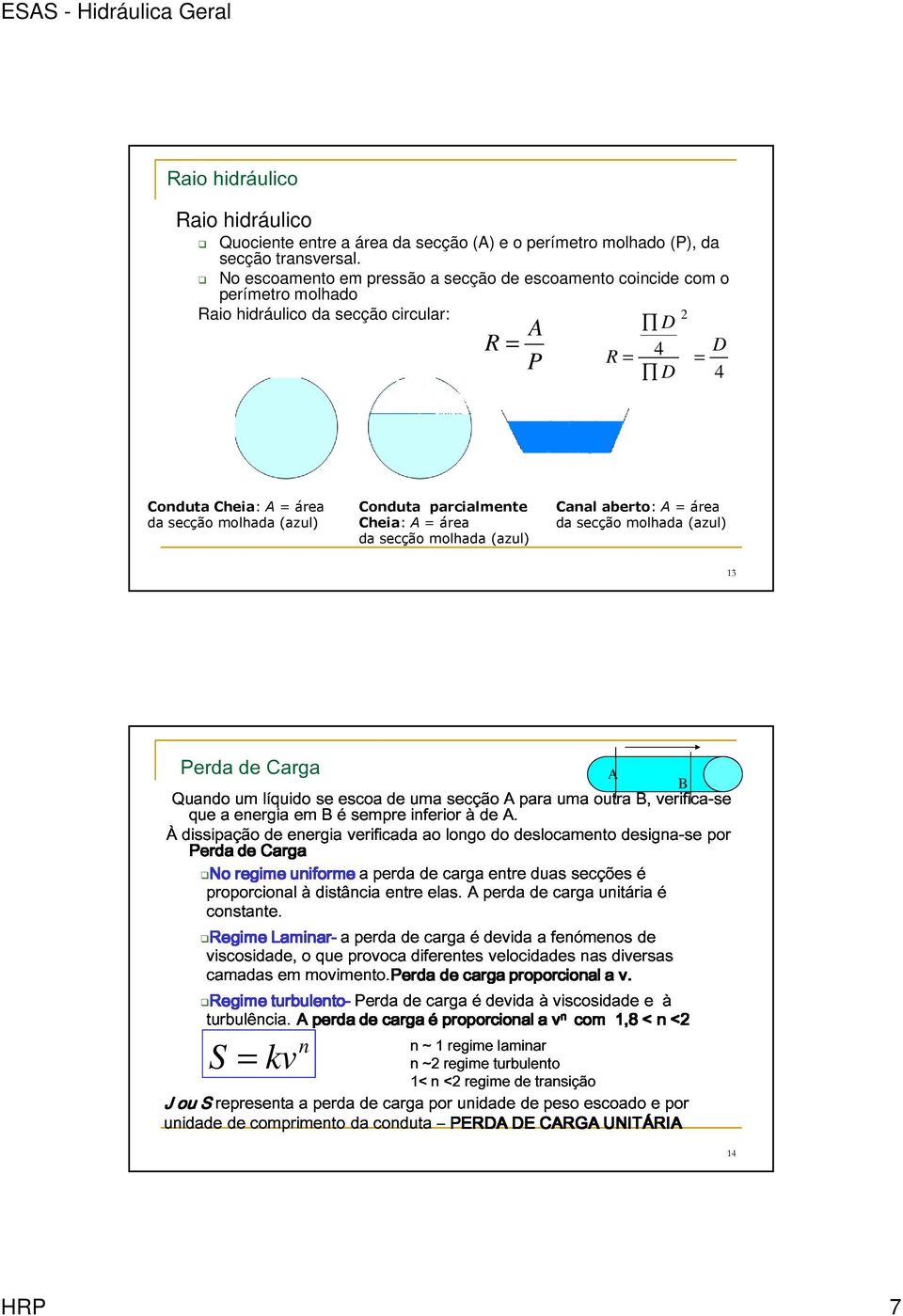 parcialmente Cheia: A = área da secção molhada (azul) Canal aberto: A = área da secção molhada (azul) 13 À Quando dissipação que Perda No a energia um de Carga líquido de energia em se B é escoa