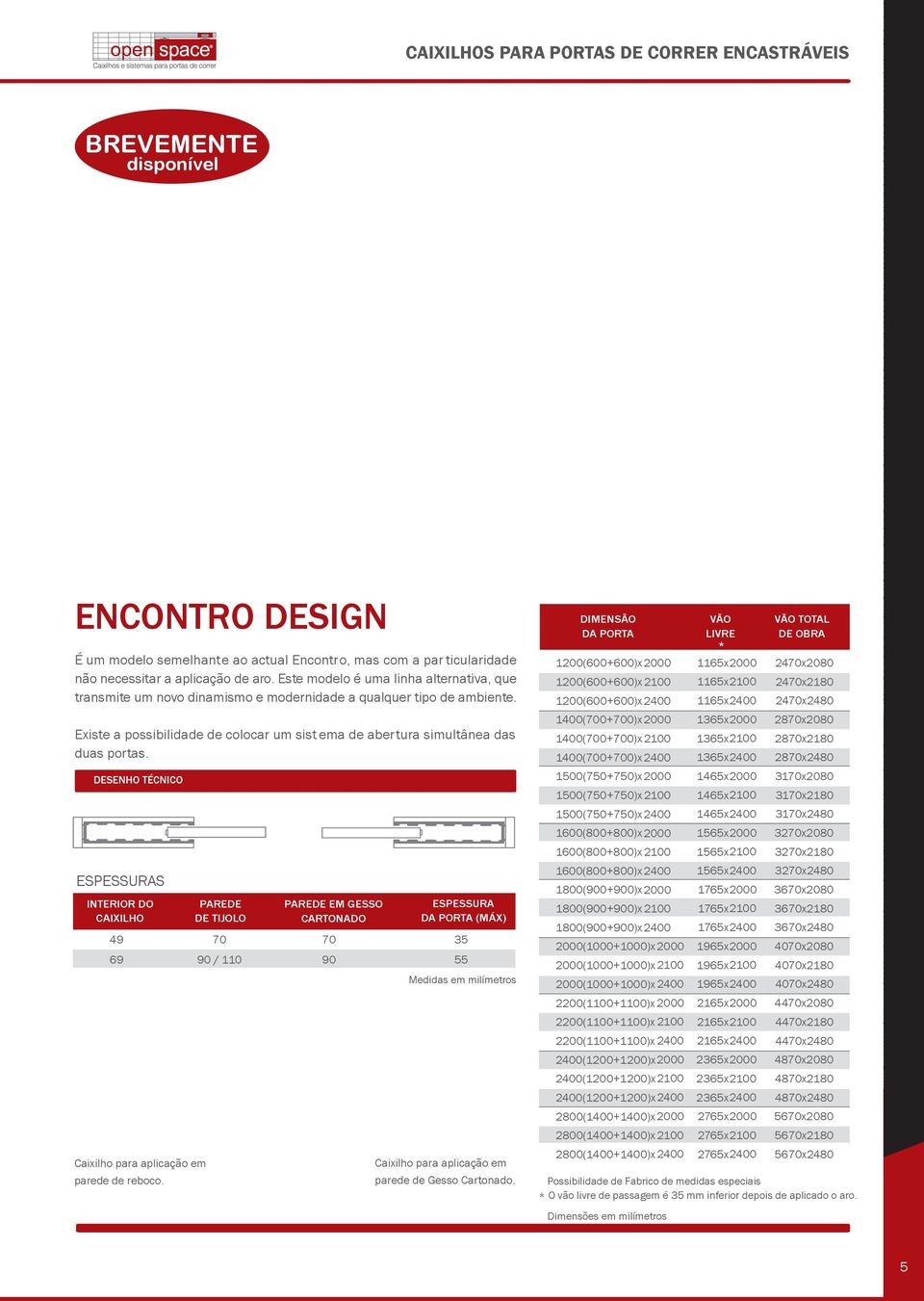 DESENHO TÉCNICO ESPESSURAS INTERIOR DO CAIXIHO 52 49 72 69 Caixilho para aplicação em parede de reboco.