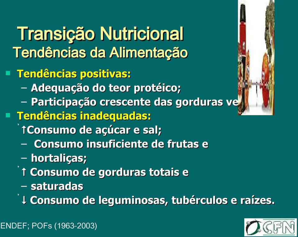 Tendências inadequadas: Consumo de açúcar e sal; Consumo insuficiente de frutas e