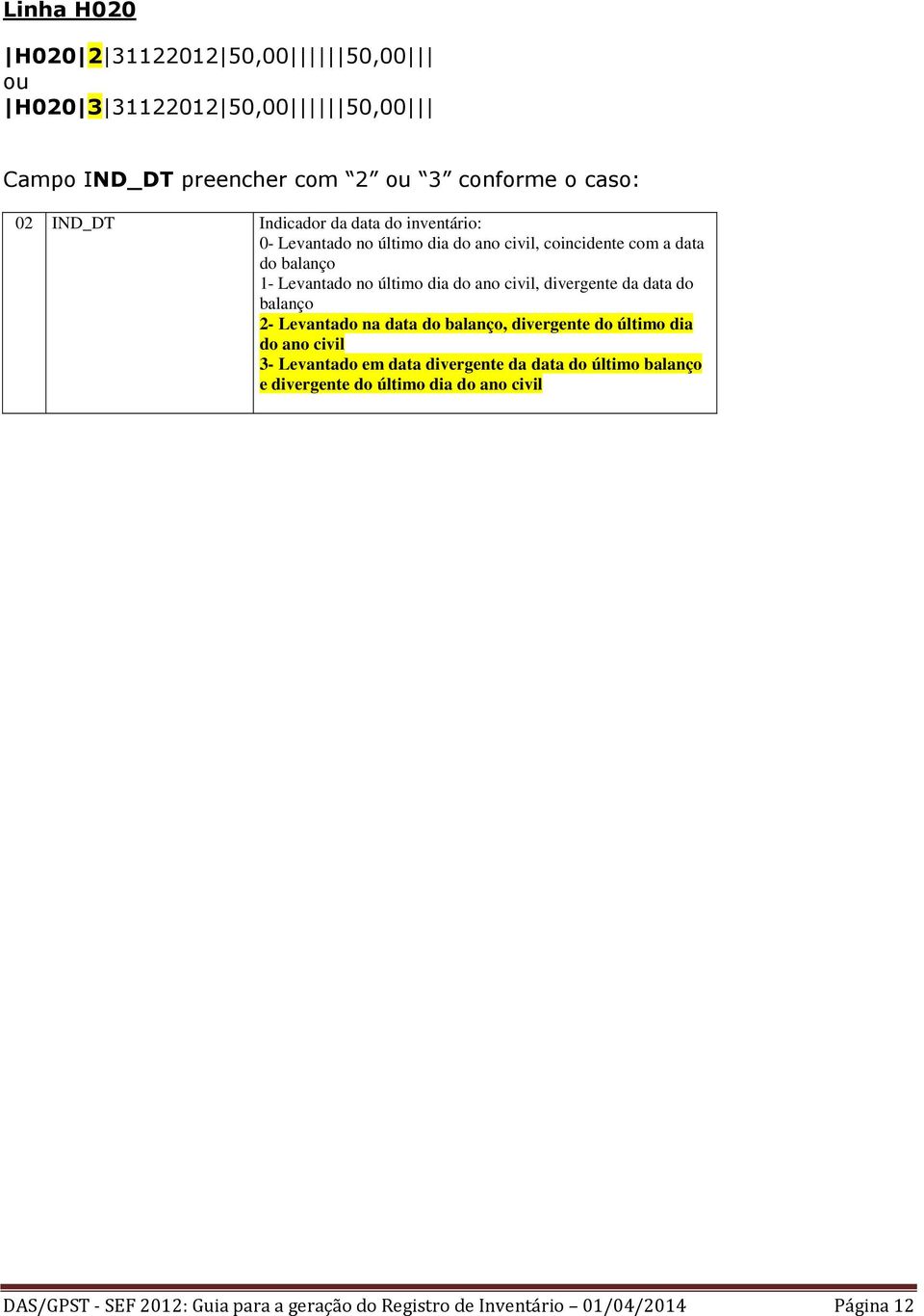 divergente da data do balanço 2- Levantado na data do balanço, divergente do último dia do ano civil 3- Levantado em data divergente da data