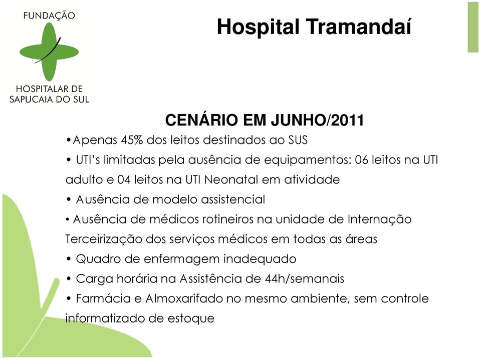 médicos rotineiros na unidade de Internação Terceirização dos serviços médicos em todas as áreas Quadro de enfermagem