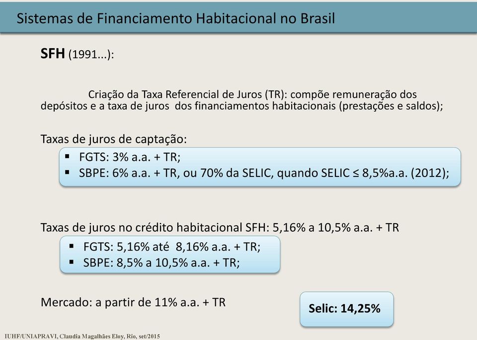 habitacionais (prestações e saldos); Taxas de juros de captação: FGTS: 3% a.a. + TR; SBPE: 6% a.a. + TR, ou 70% da SELIC, quando SELIC 8,5%a.