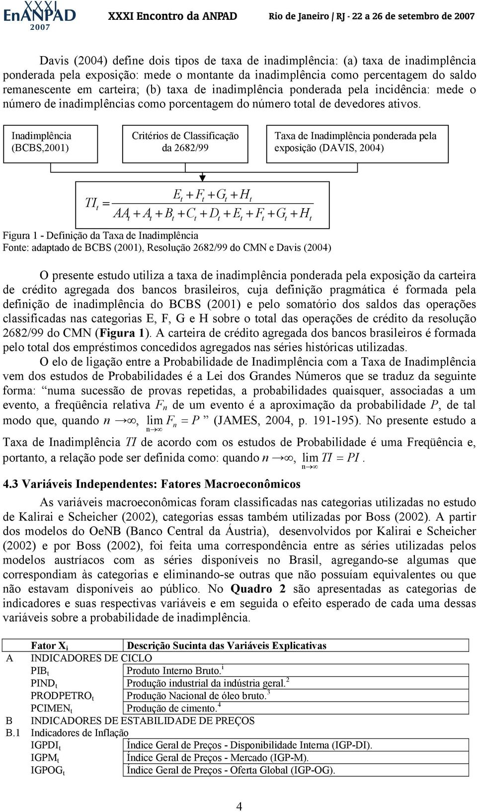 Inadimplência (BCBS,2001) Criérios de Classificação da 2682/99 Taxa de Inadimplência ponderada pela exposição (DAVIS, 2004) E + F + G + H TI = AA + A + B + C + D + E + F + G + H Figura 1 - Definição
