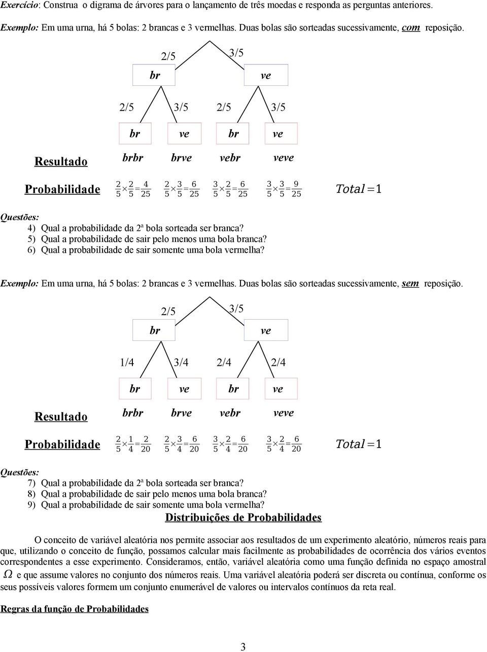 br /5 /5 ve /5 /5 /5 /5 br ve br ve Resultado brbr brve vebr veve 5 5 = 4 5 5 5 = 6 5 5 5 = 6 5 Probabilidade Total = Questões: 4) Qual a probabilidade da ª bola sorteada ser branca?