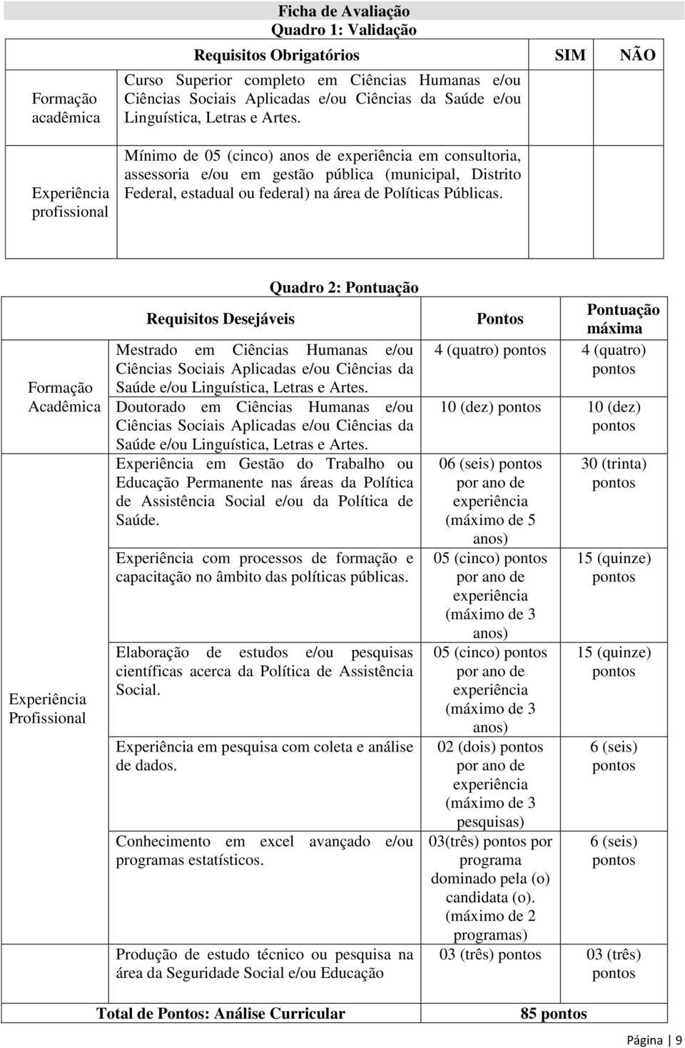 Mínimo de 05 (cinco) anos de experiência em consultoria, assessoria e/ou em gestão pública (municipal, Distrito Federal, estadual ou federal) na área de Políticas Públicas.