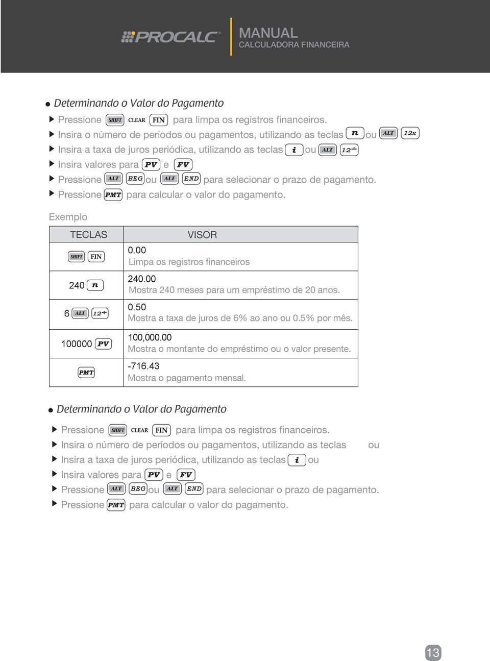 para calcular o valor do pagamento. 240 6 100000 0.00 Limpa os registros financeiros 240.00 Mostra 240 meses para um empréstimo de 20 anos. 0.50 Mostra a taxa de juros de 6% ao ano ou 0.5% por mês.