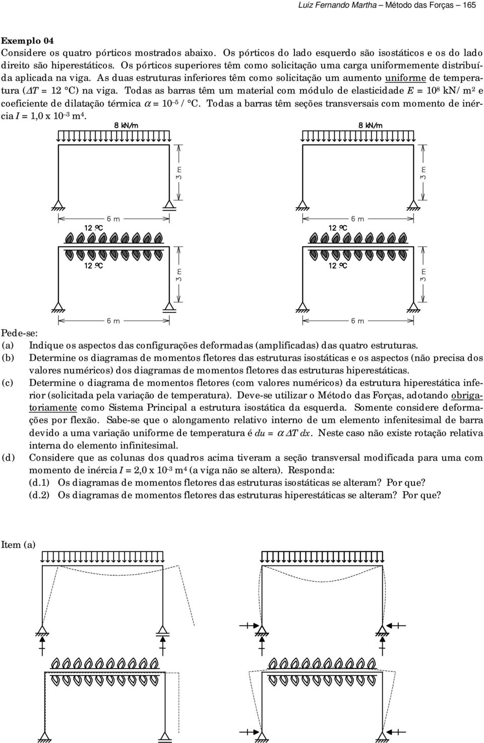 As duas estruturas inferiores têm como solicitação um aumento uniforme de temperatura ( T = 2 C) na viga.