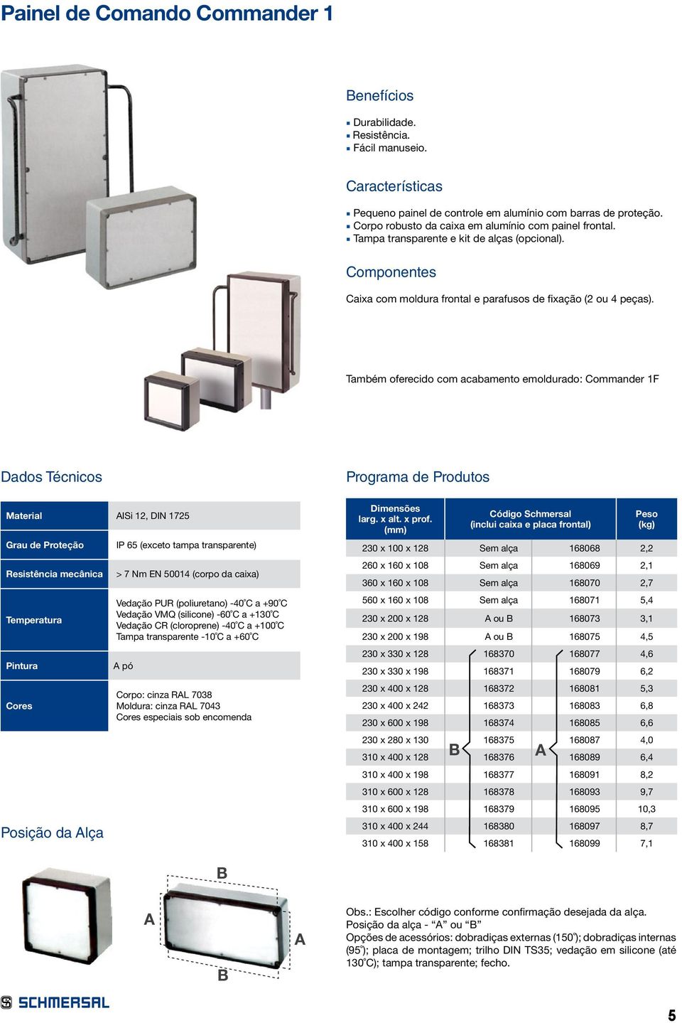 Também oferecido com acabamento emoldurado: Commander 1F Dados Técnicos Material AISi 12, DIN 1725 Grau de Proteção IP 65 (exceto tampa transparente) Resistência mecânica > 7 Nm EN 50014 (corpo da