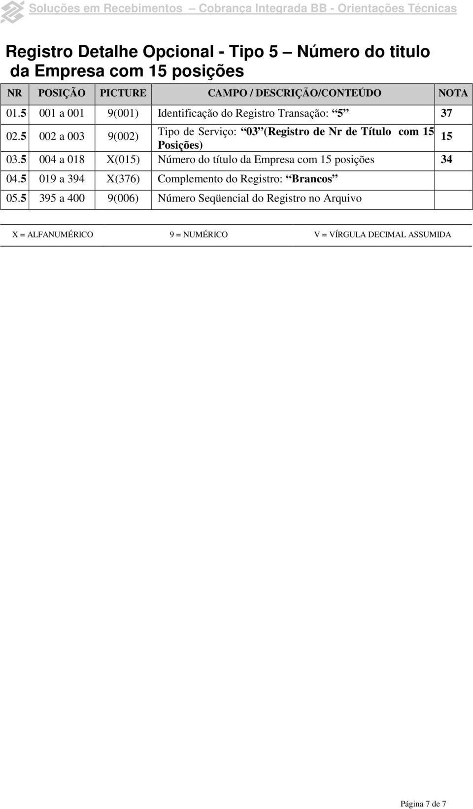 5 002 a 003 9(002) Tipo de Serviço: 03 (Registro de Nr de Título com 15 15 Posições) 03.