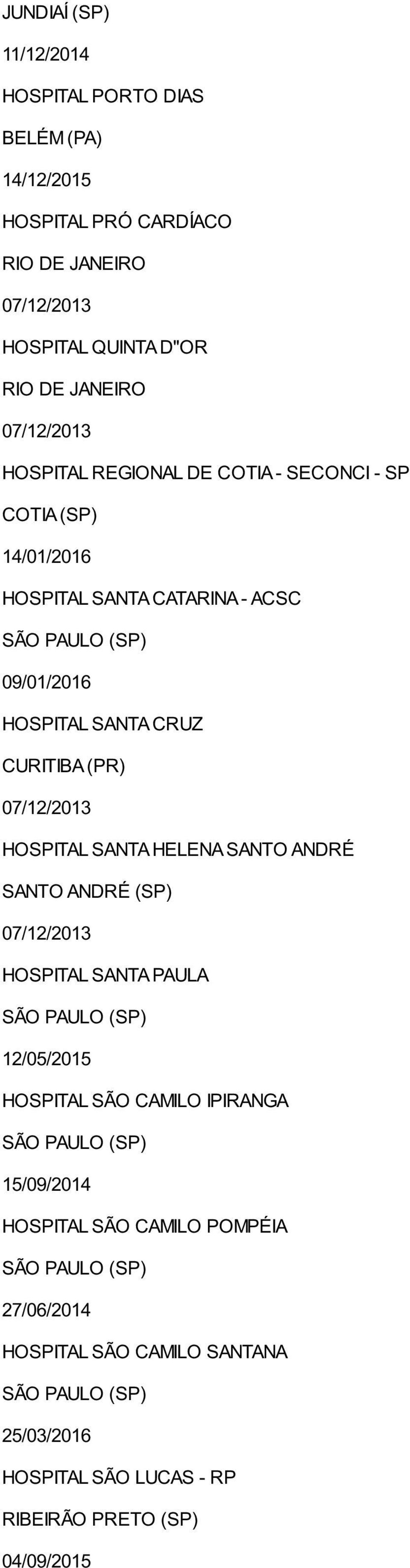 SANTA CRUZ HOSPITAL SANTA HELENA SANTO ANDRÉ SANTO ANDRÉ (SP) HOSPITAL SANTA PAULA 12/05/2015 HOSPITAL SÃO CAMILO IPIRANGA