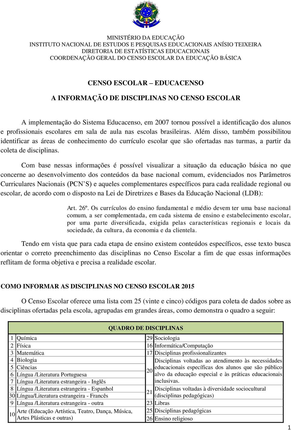 escolas brasileiras. Além disso, também possibilitou identificar as áreas de conhecimento do currículo escolar que são ofertadas nas turmas, a partir da coleta de disciplinas.