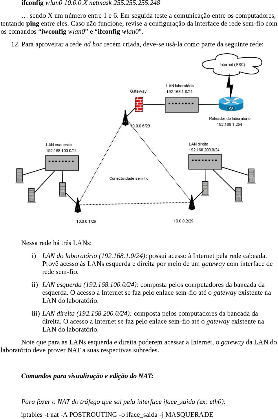 Para aproveitar a rede ad hoc recém criada, deve-se usá-la como parte da seguinte rede: Nessa rede há três LANs: i) LAN do laboratório (192.168.1.0/24): possui acesso à Internet pela rede cabeada.