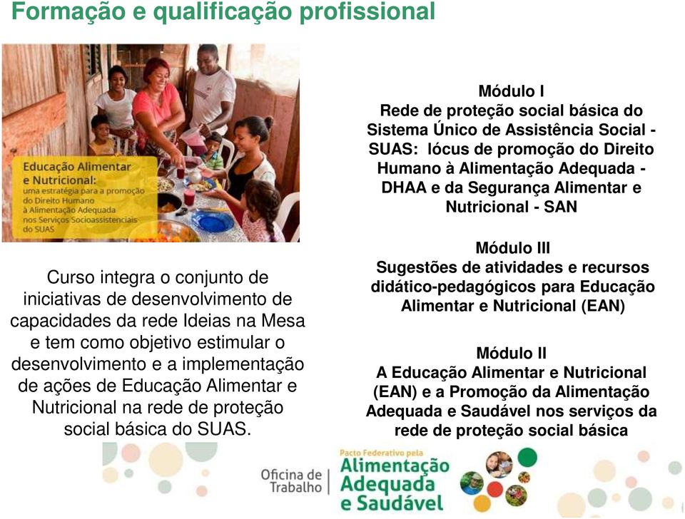 desenvolvimento e a implementação de ações de Educação Alimentar e Nutricional na rede de proteção social básica do SUAS.