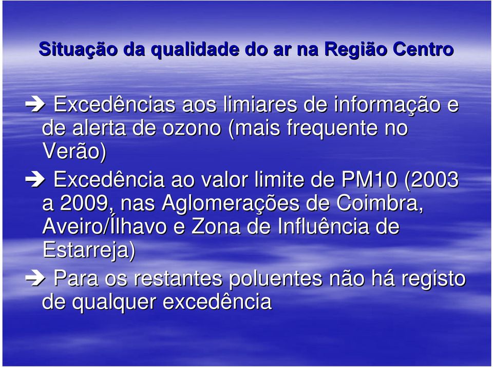 limite de PM10 (2003 a 2009, nas Aglomerações de Coimbra, Aveiro/Ílhavo e Zona