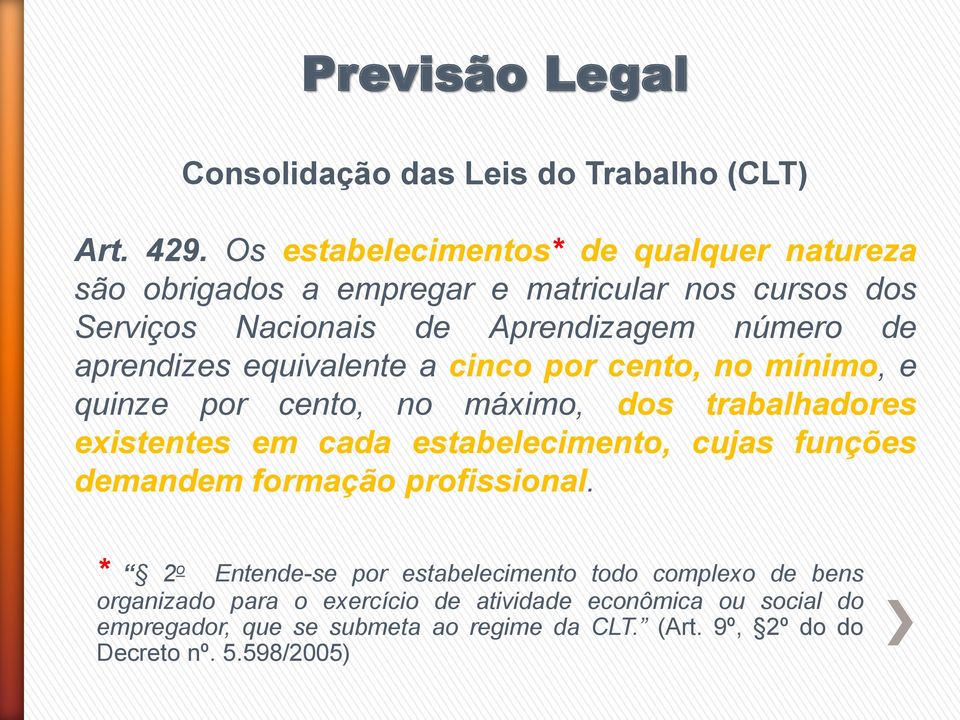 aprendizes equivalente a cinco por cento, no mínimo, e quinze por cento, no máximo, dos trabalhadores existentes em cada estabelecimento, cujas