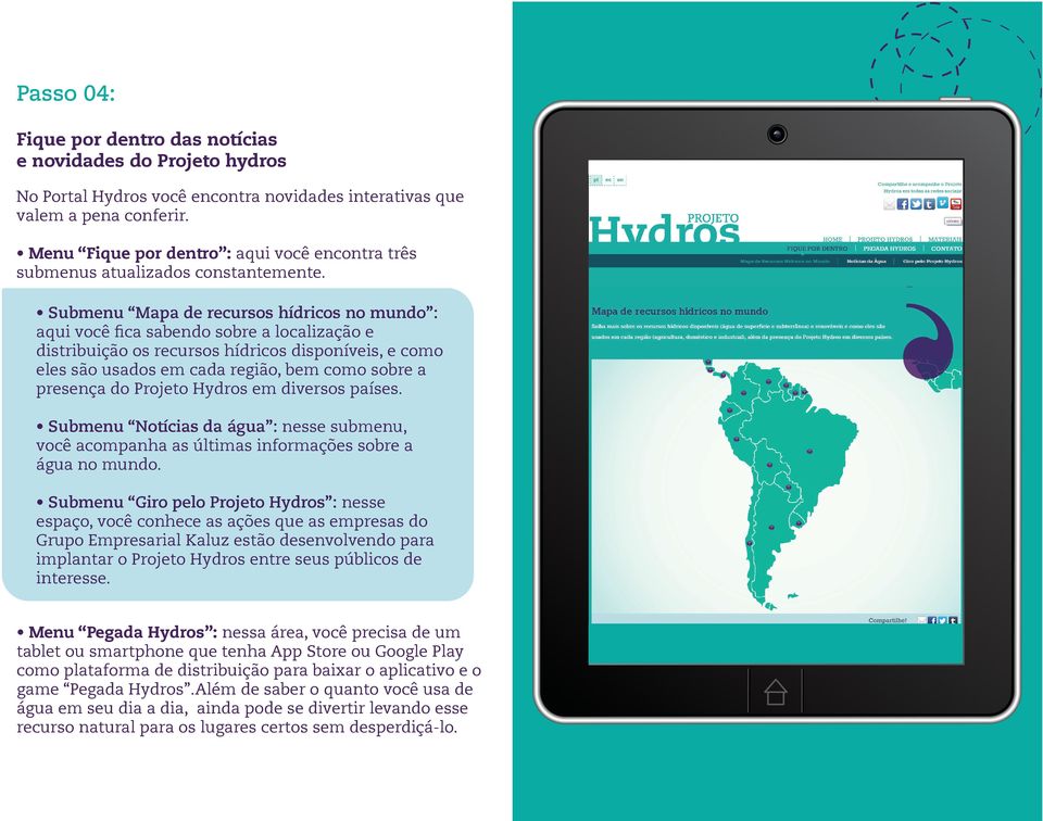 Submenu Mapa de recursos hídricos no mundo : aqui você fica sabendo sobre a localização e distribuição os recursos hídricos disponíveis, e como eles são usados em cada região, bem como sobre a