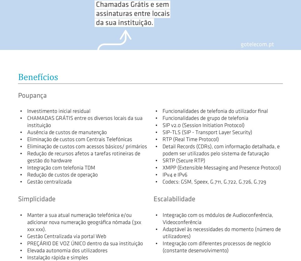Eliminação de custos com acessos básicos/ primários Redução de recursos afetos a tarefas rotineiras de gestão do hardware Integração com telefonia TDM Redução de custos de operação Gestão