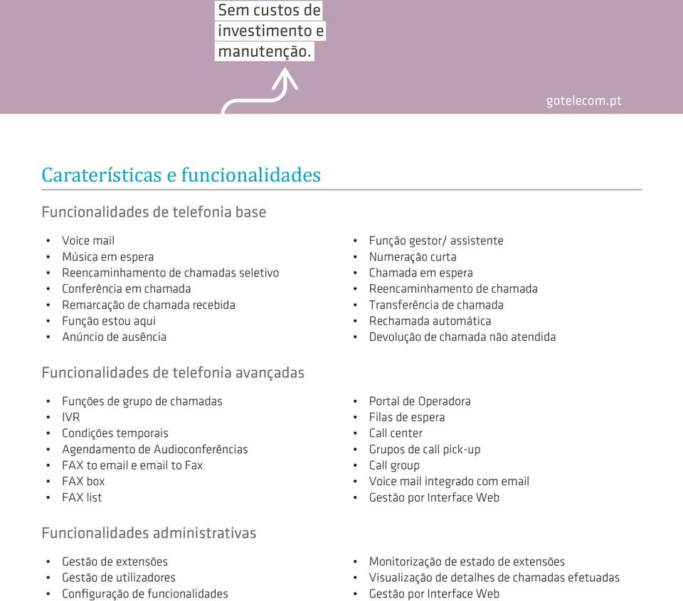 estou aqui Anúncio de ausência Função gestor/ assistente Numeração curta Chamada em espera Reencaminhamento de chamada Transferência de chamada Rechamada automática Devolução de chamada não atendida