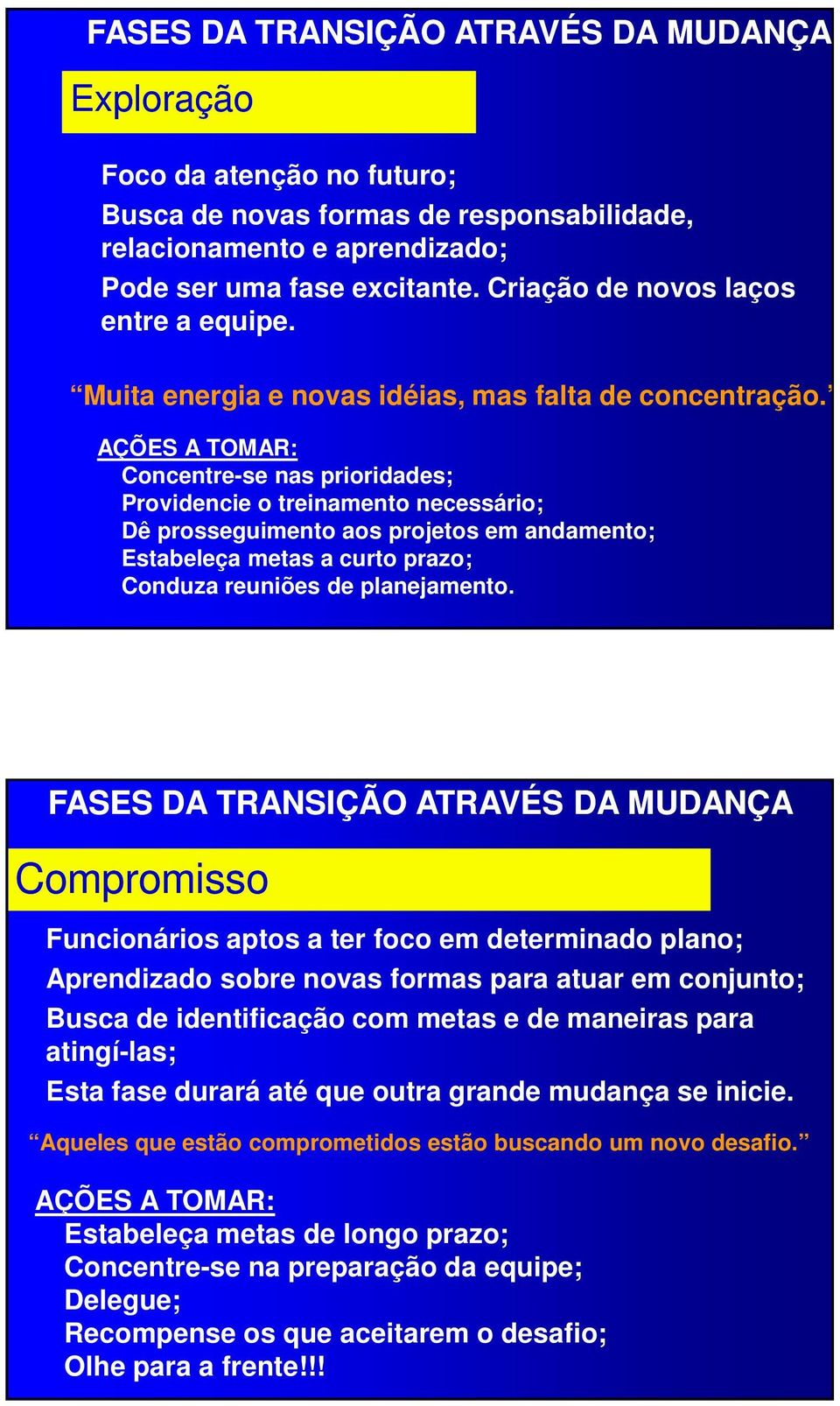 Concentre-se nas prioridades; Providencie o treinamento necessário; Dê prosseguimento aos projetos em andamento; Estabeleça metas a curto prazo; Conduza reuniões de planejamento.