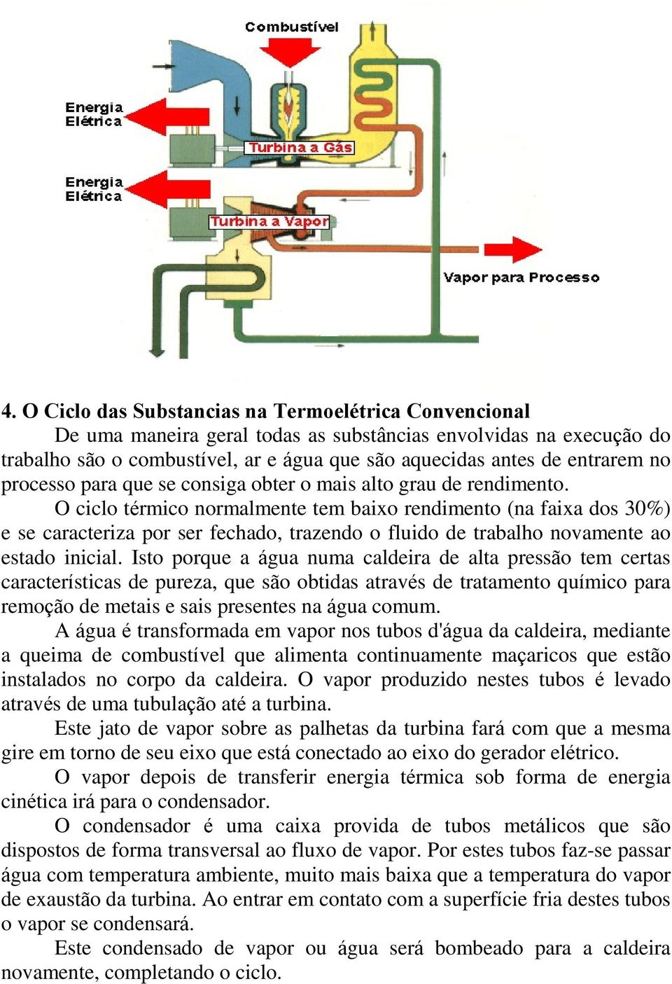 O ciclo térmico normalmente tem baixo rendimento (na faixa dos 30%) e se caracteriza por ser fechado, trazendo o fluido de trabalho novamente ao estado inicial.