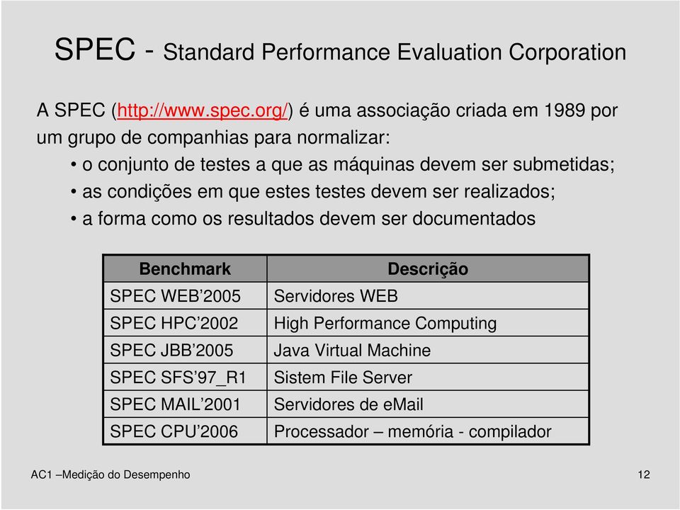 condições em que estes testes devem ser realizados; a forma como os resultados devem ser documentados Benchmark SPEC WEB 2005 SPEC HPC 2002 SPEC