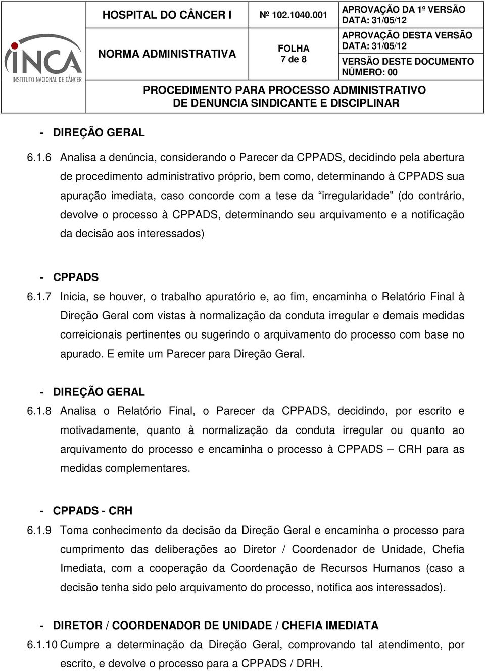 sua apuração imediata, caso concorde com a tese da irregularidade (do contrário, devolve o processo à CPPADS, determinando seu arquivamento e a notificação da decisão aos interessados) - CPPADS 6.1.