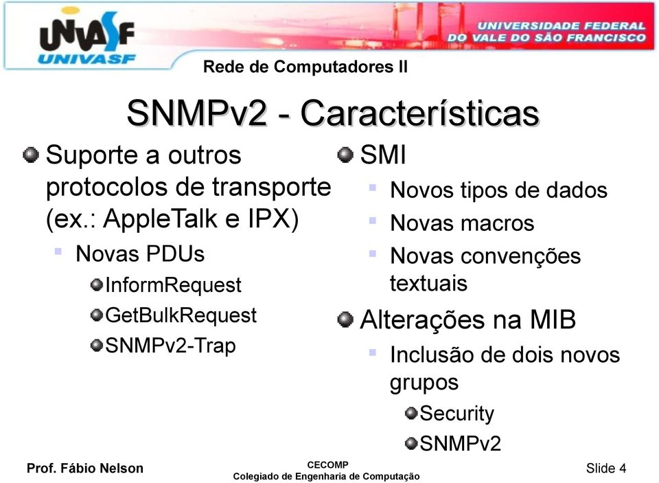 SNMPv2-Trap SMI Novos tipos de dados Novas macros Novas convenções