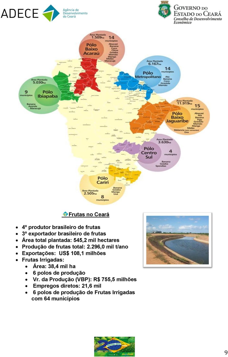296,0 mil t/ano Exportações: US$ 108,1 milhões Frutas Irrigadas: Área: 38,4 mil ha 6 polos de