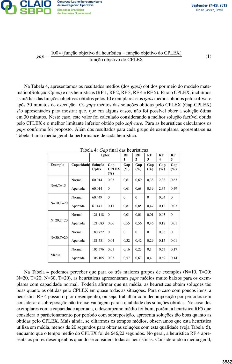 Para o CPLEX, incluímos as médias das funções objetivos obtidos pelos 10 exemplares e os gaps médios obtidos pelo software após 30 minutos de execução.