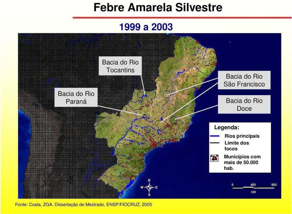 Legenda: Rios principais Limite dos focos Municípios com mais de