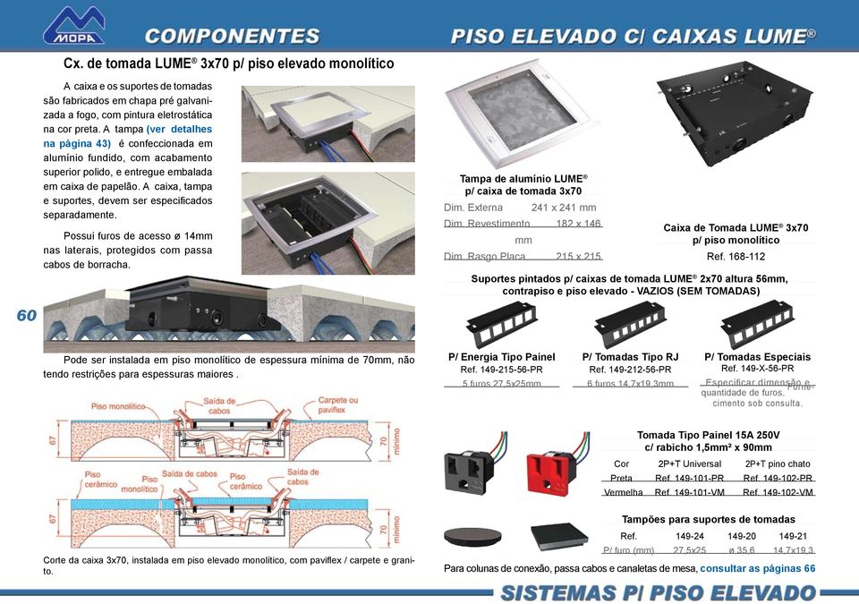 A caixa, tampa e suportes, devem ser especificados separadamente. Possui furos de acesso ø 14mm nas laterais, protegidos com passa cabos de borracha.