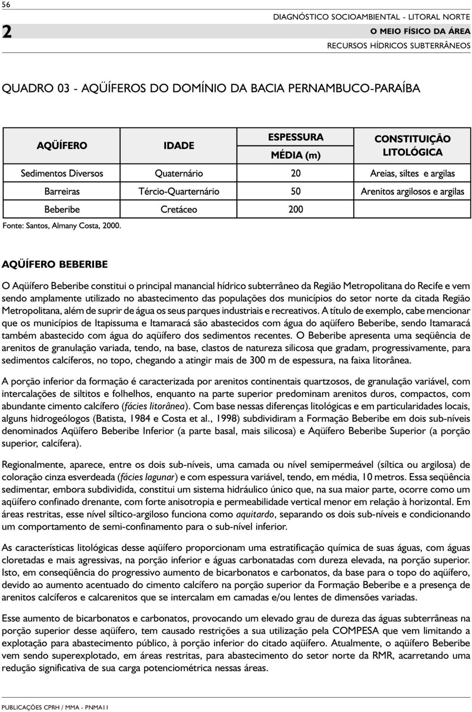 A título de exemplo, cabe mencionar que os municípios de Itapissuma e Itamaracá são abastecidos com água do aqüífero Beberibe, sendo Itamaracá também abastecido com água do aqüífero dos sedimentos