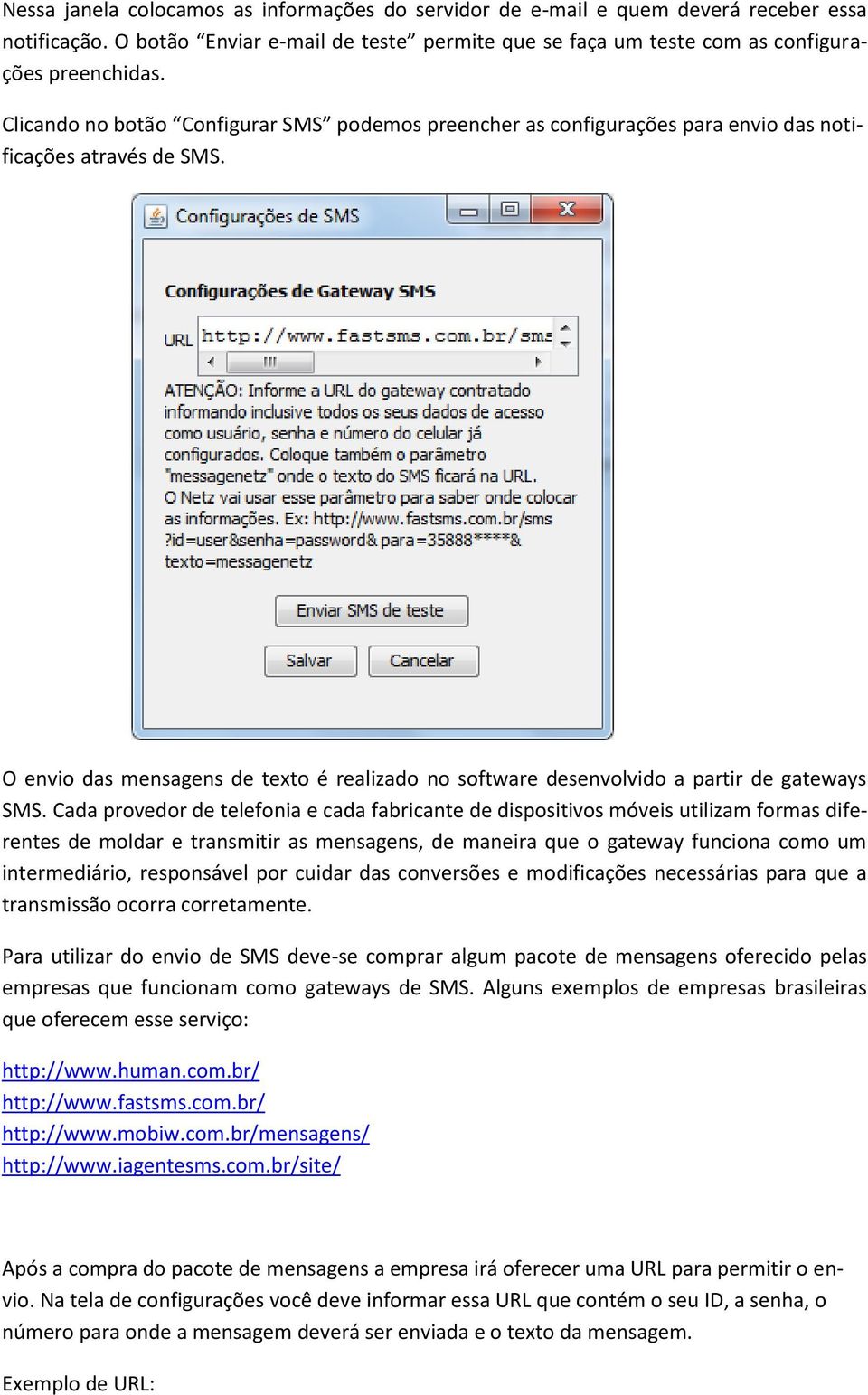 O envio das mensagens de texto é realizado no software desenvolvido a partir de gateways SMS.