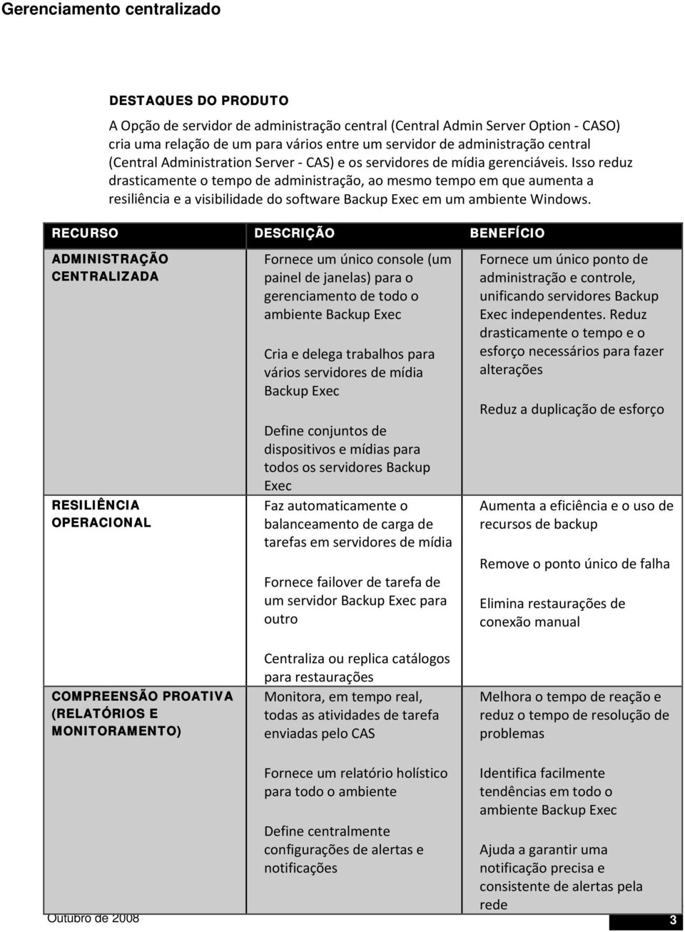 Isso reduz drasticamente o tempo de administração, ao mesmo tempo em que aumenta a resiliência e a visibilidade do software Backup Exec em um ambiente Windows.