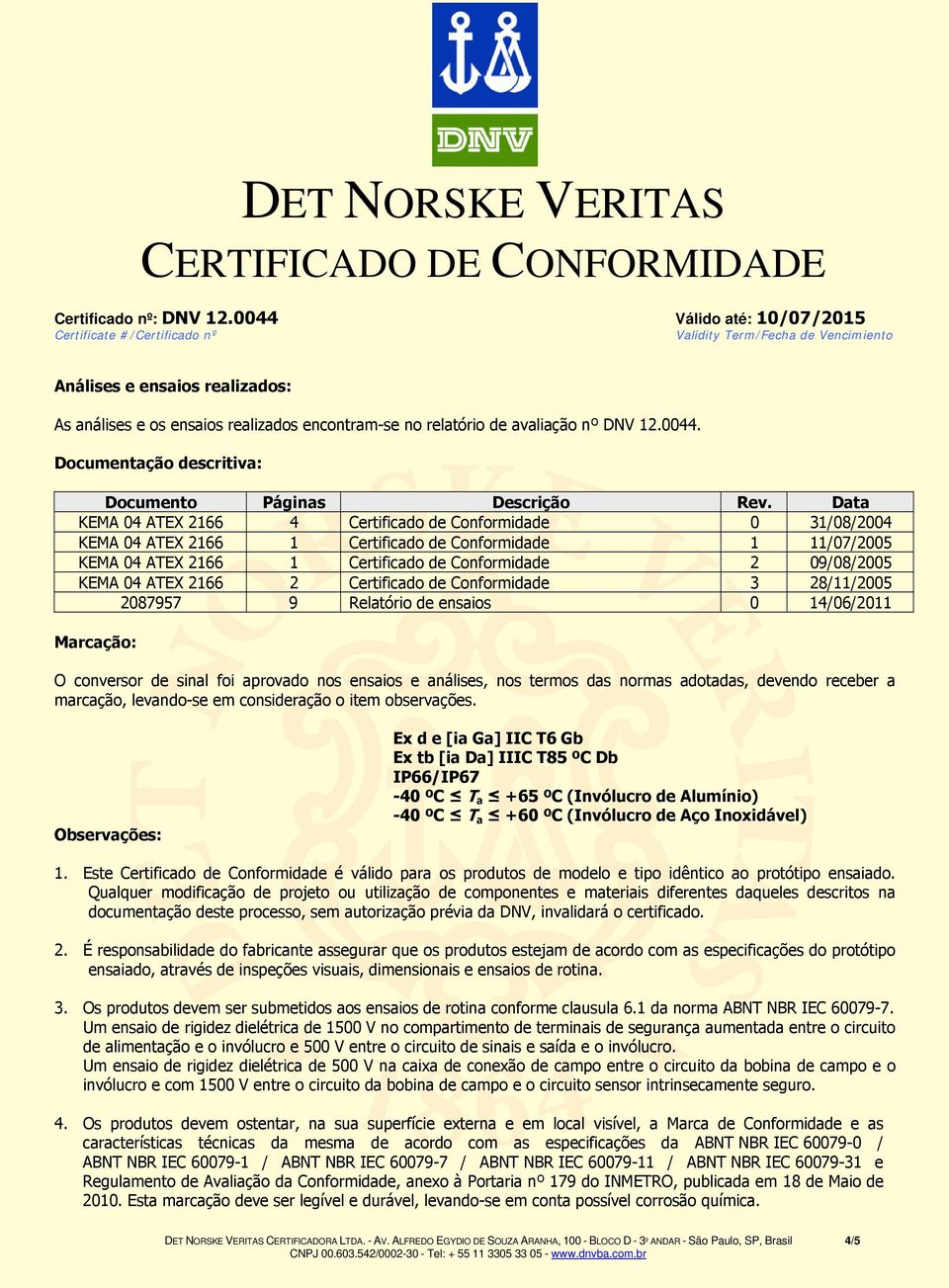 ATEX 2166 2 Certificado de Conformidade 3 28/11/2005 2087957 9 Relatório de ensaios 0 14/06/2011 Marcação: O conversor de sinal foi aprovado nos ensaios e análises, nos termos das normas adotadas,