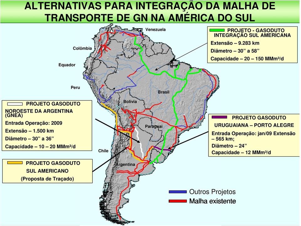 283 km Diâmetro 30 a 58 Capacidade 20 150 MMm³/d Peru Brasil PROJETO GASODUTO NOROESTE DA ARGENTINA (GNEA) Entrada Operação: 2009 Extensão 1.