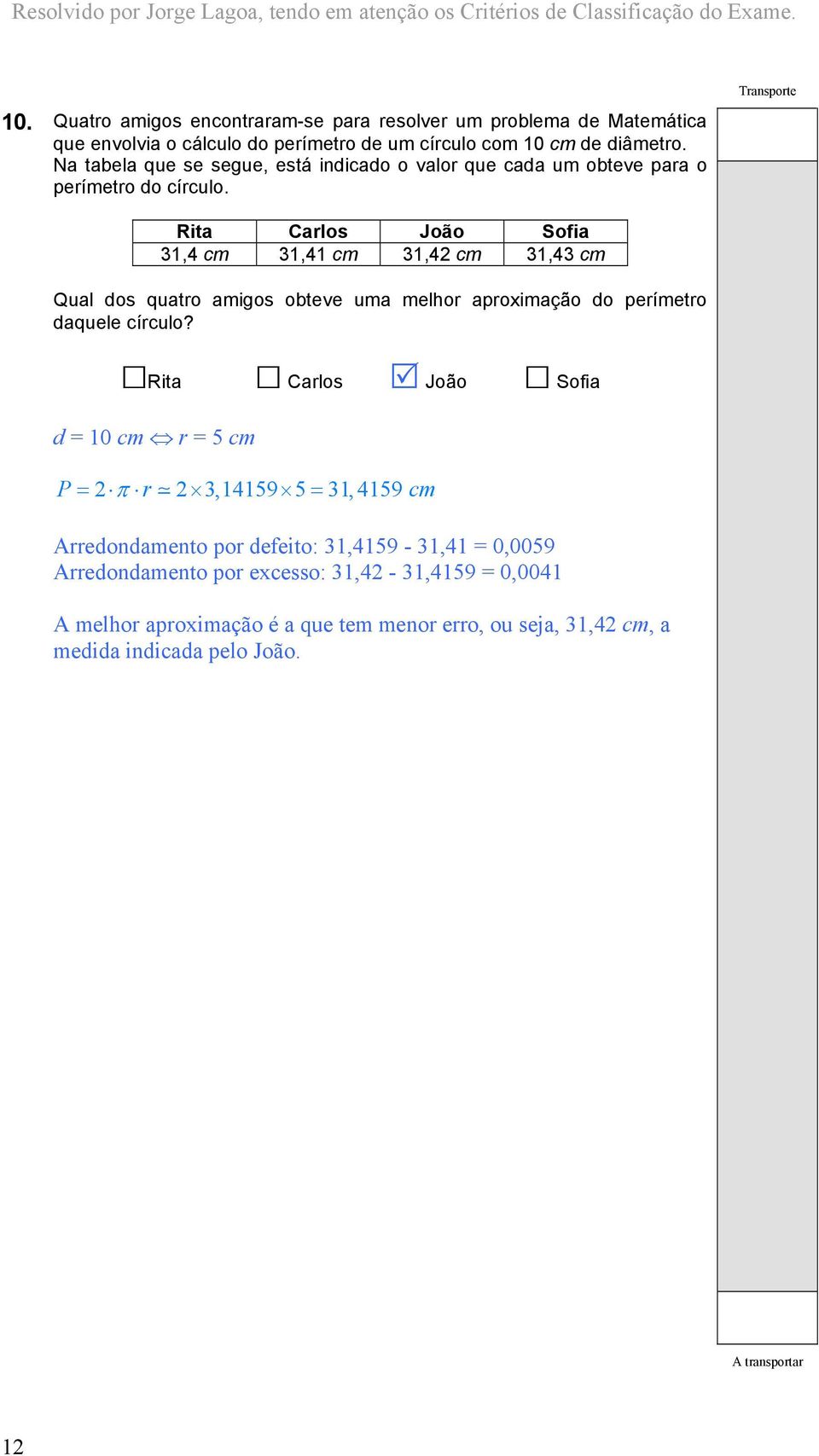 Rita Carlos João Sofia 1,4 m 1,41 m 1,4 m 1,4 m Qual dos quatro amigos obteve uma melhor aproximação do perímetro daquele írulo?