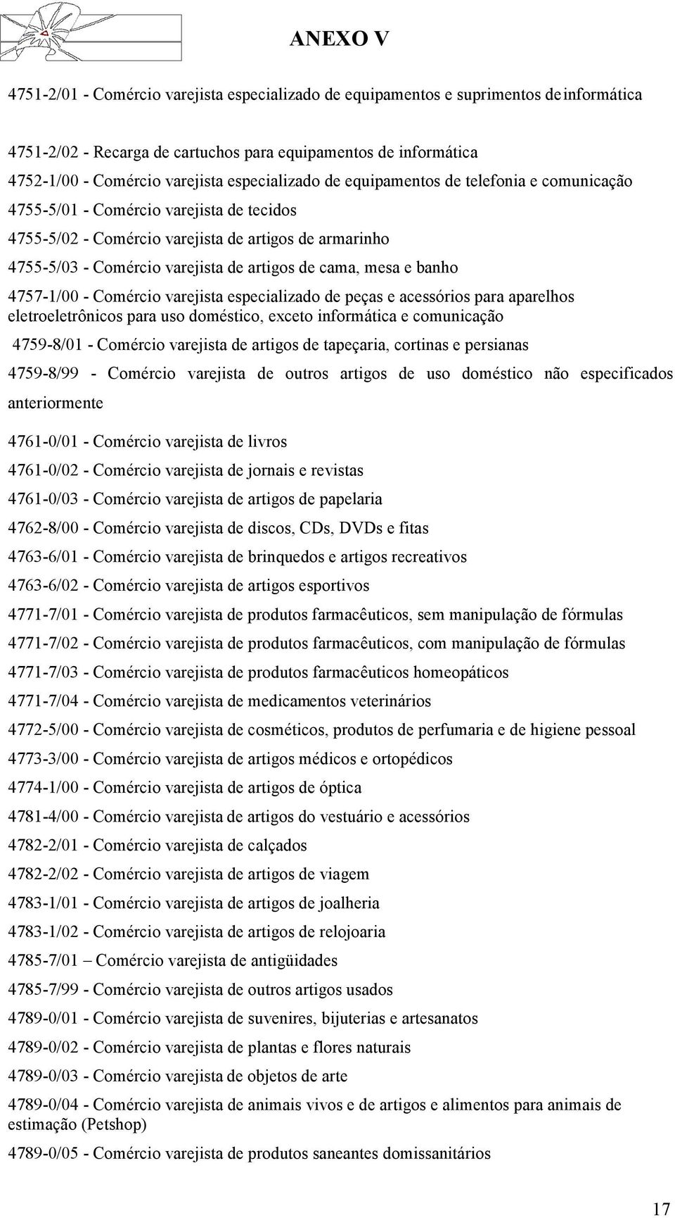 cama, mesa e banho 4757-1/00 - Comércio varejista especializado de peças e acessórios para aparelhos eletroeletrônicos para uso doméstico, exceto informática e comunicação 4759-8/01 - Comércio