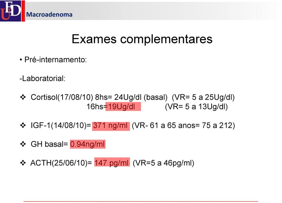 16hs=19Ug/dl (VR= 5 a 13Ug/dl) IGF-1(14/08/10)= 371 ng/ml (VR- 61 a