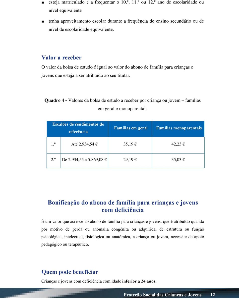 Valor a receber O valor da bolsa de estudo é igual ao valor do abono de família para crianças e jovens que esteja a ser atribuído ao seu titular.