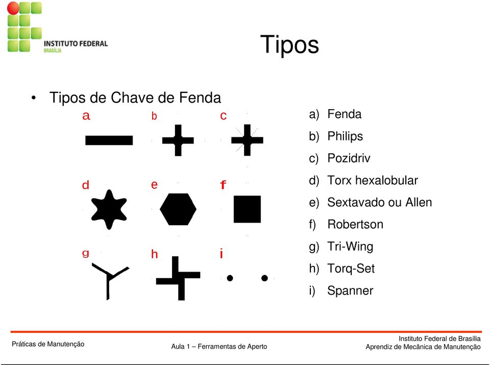 hexalobular e) Sextavado ou Allen f)