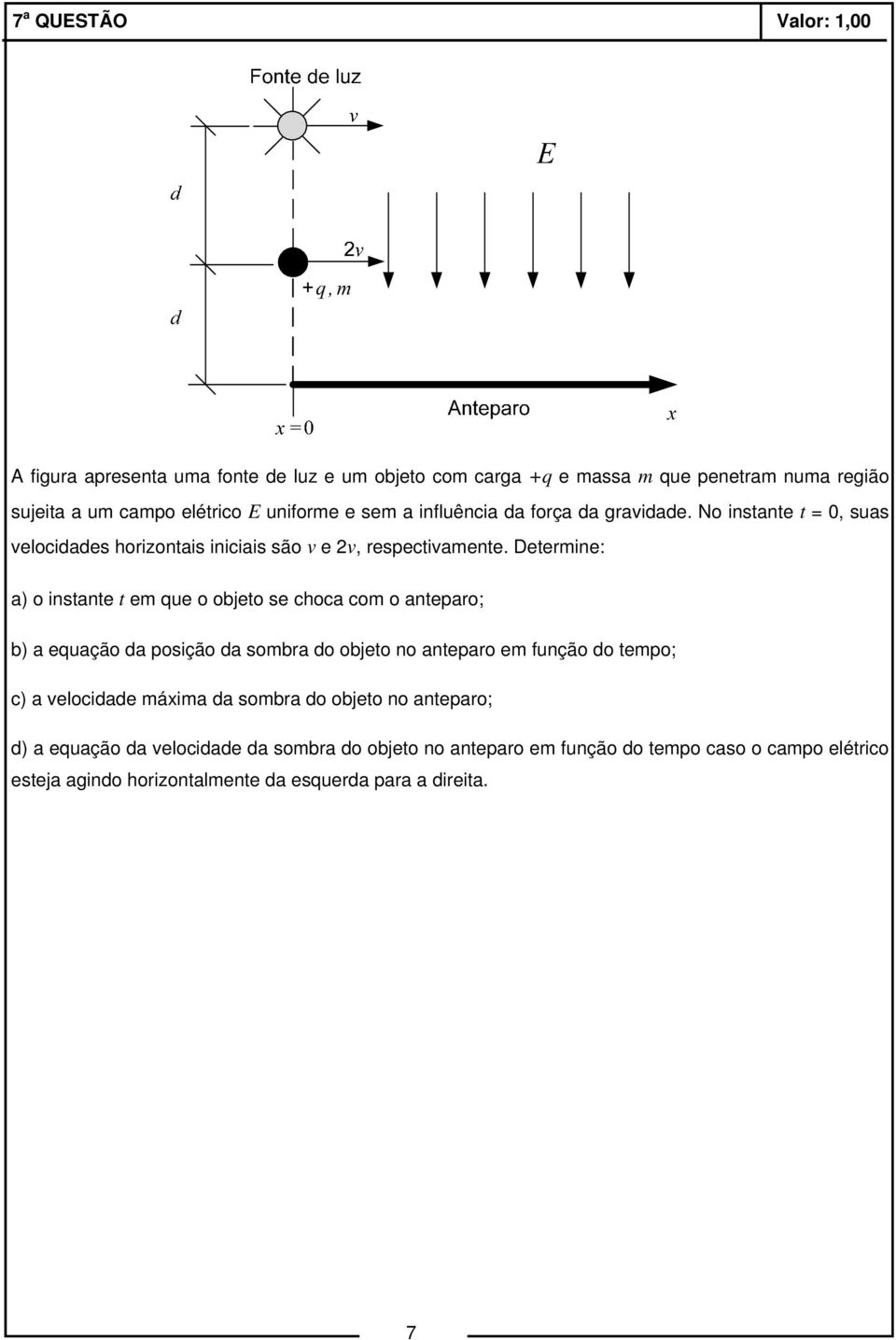 Determine: a) o instante t em que o objeto se choca com o anteparo; b) a equação da posição da sombra do objeto no anteparo em função do tempo; c) a velocidade