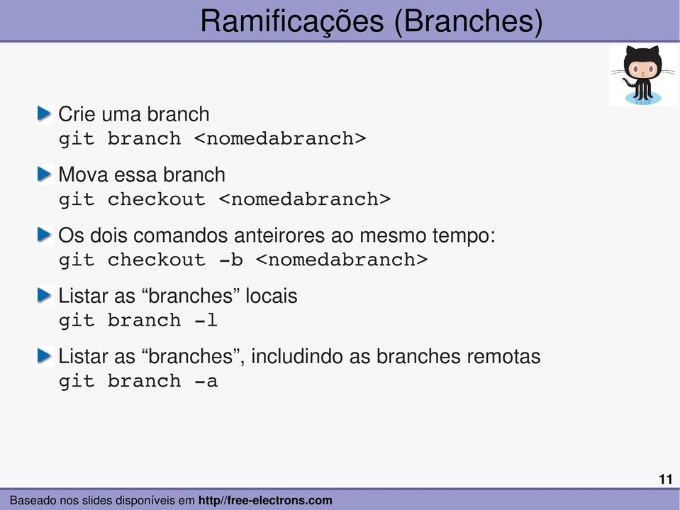 mesmo tempo: git checkout b <nomedabranch> Listar as branches locais git